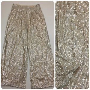 NASTY GAL Collection Gold Sequin Cream Lined Flare Wide Leg High Rise Pant